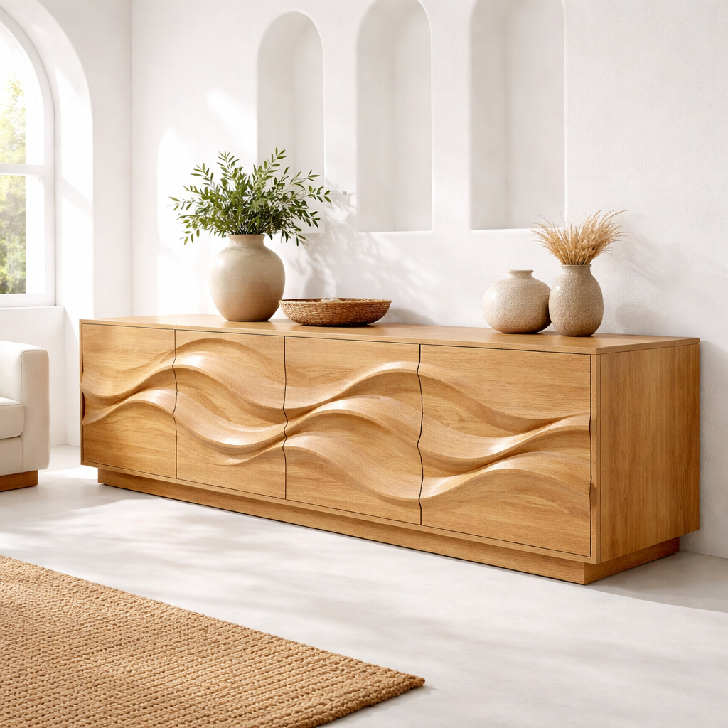 Solid Wood Wave Front TV Stand with Spacious Storage for Modern Living