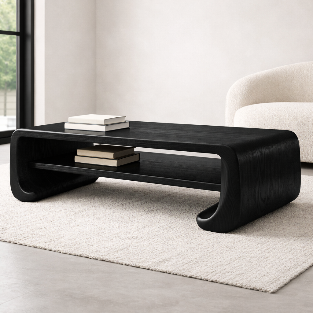 Handcrafted Solid Wood Sculptural Coffee Table with Open Shelf
