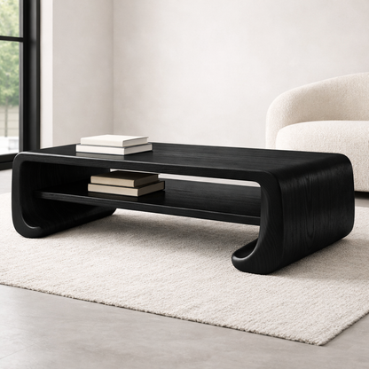 Handcrafted Solid Wood Sculptural Coffee Table with Open Shelf
