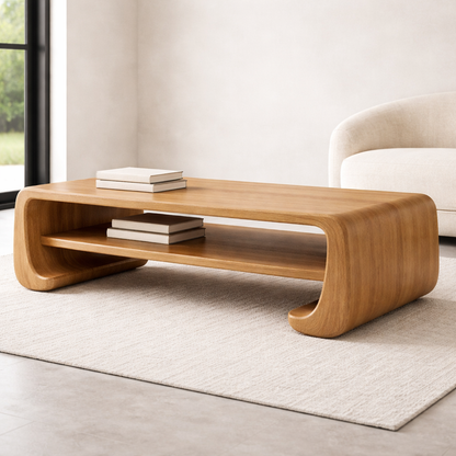 Handcrafted Solid Wood Sculptural Coffee Table with Open Shelf