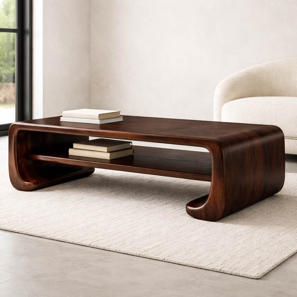 Handcrafted Solid Wood Sculptural Coffee Table with Open Shelf