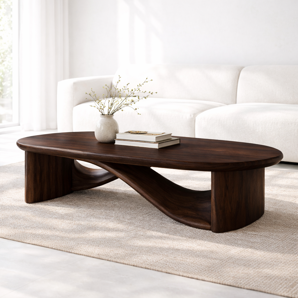 Handcrafted Solid Wood Coffee Table with Sculptural Curved Design