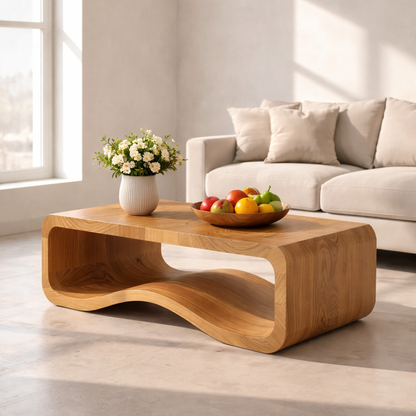 Solid Wood Sculptural Coffee Table with Open Curved Shelf