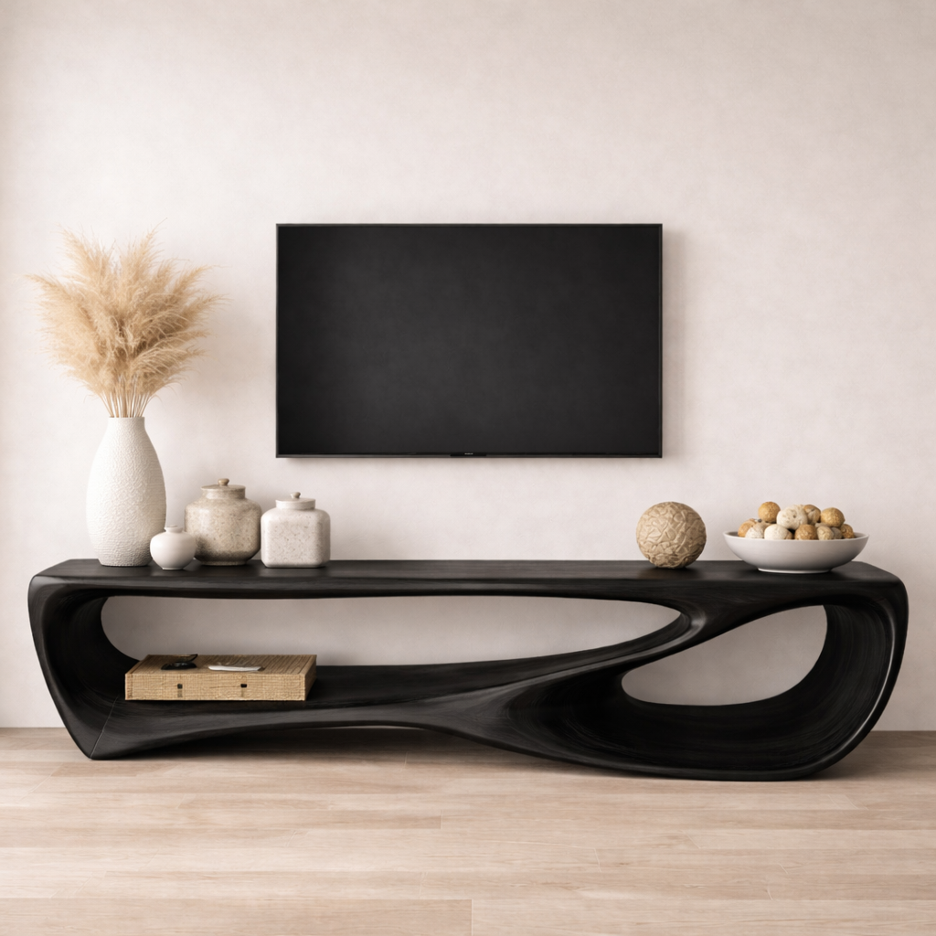 Handcrafted Solid Wood Sculptural TV Stand with Open Shelf Design
