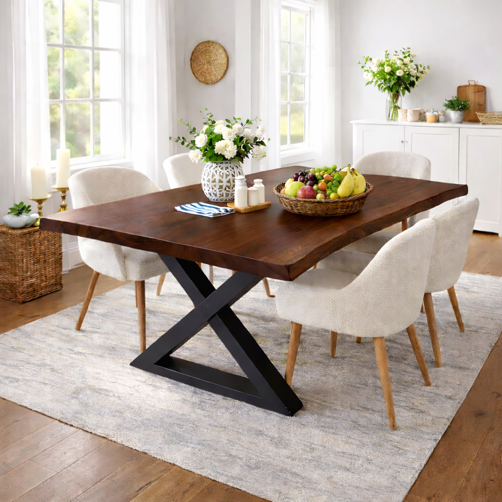 Modern Solid Oak Live Edge Dining Table with Black Steel X Base for Minimalist Homes