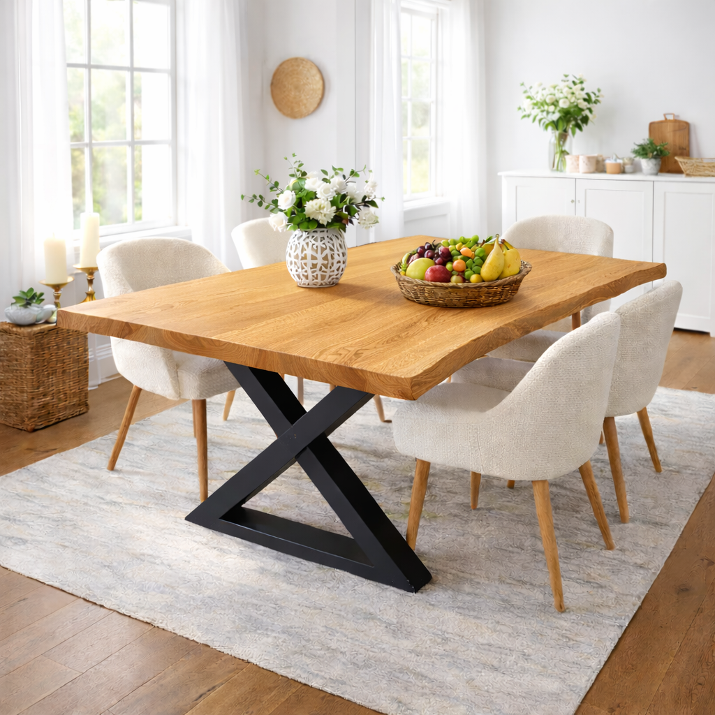 Modern Solid Oak Live Edge Dining Table with Black Steel X Base for Minimalist Homes