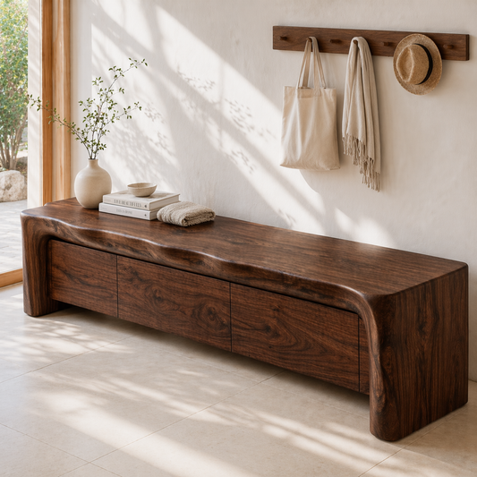 Live Edge Entryway Bench with Storage, Rustic Solid Wood Shoe Bench with Drawers