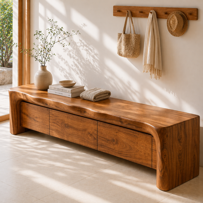 Live Edge Entryway Bench with Storage, Rustic Solid Wood Shoe Bench with Drawers