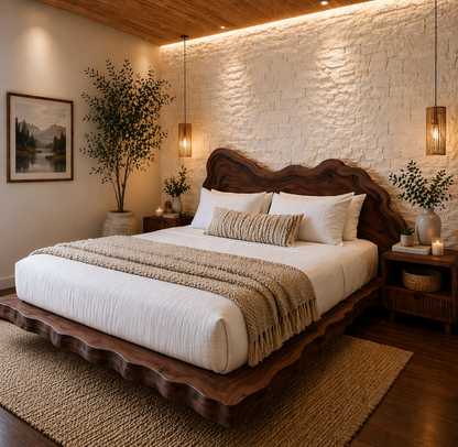 Live Edge Solid Wood Platform Bed Frame, Organic Wavy Headboard Furniture