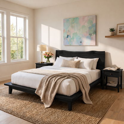 Handcrafted Solid Wood Live Edge Platform Bed Frame, Organic Wavy Headboard Furniture