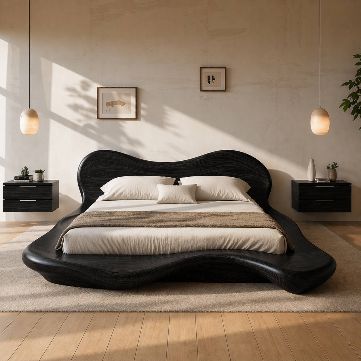 Handcrafted Solid Wood Sculptural Platform Bed, Organic Wavy Design Luxury Bed Frame