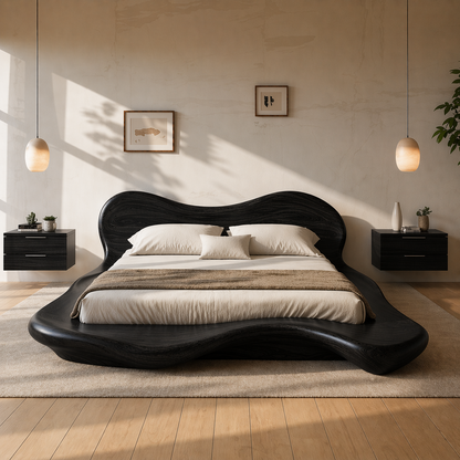 Handcrafted Solid Wood Sculptural Platform Bed, Organic Wavy Design Luxury Bed Frame