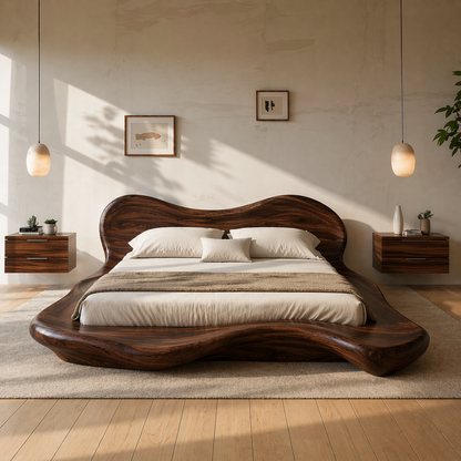 Handcrafted Solid Wood Sculptural Platform Bed, Organic Wavy Design Luxury Bed Frame
