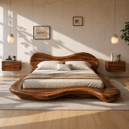 Handcrafted Solid Wood Sculptural Platform Bed, Organic Wavy Design Luxury Bed Frame