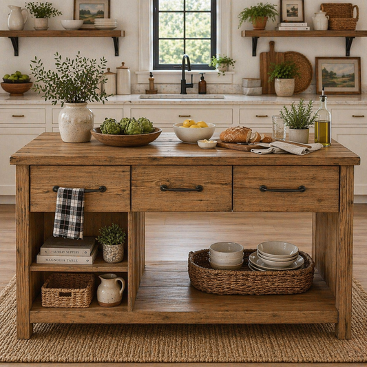 Solid Wood Kitchen Island with Drawers & Open Shelves – Rustic Farmhouse Kitchen Table, Large Wooden Prep Station