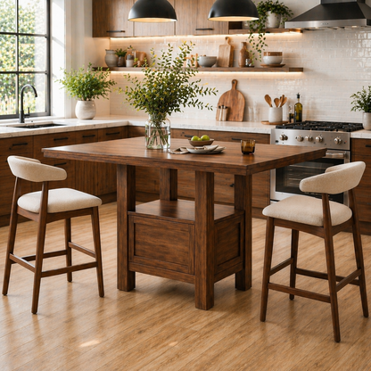 Solid Wood Kitchen Island Table with Storage Base – Walnut Dining Island Table, Rustic Modern Kitchen Table