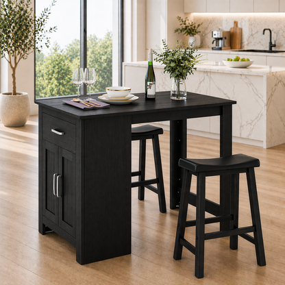 Solid Wood Kitchen Island Table with Cabinet – Walnut Dining Table with Storage, Compact Rustic Kitchen Island
