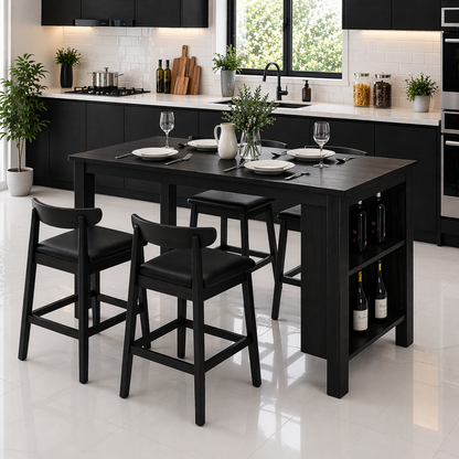 Solid Wood Dining Table with Storage Shelf – Oak Kitchen Island Table with Wine Rack, Modern Farmhouse Dining Table