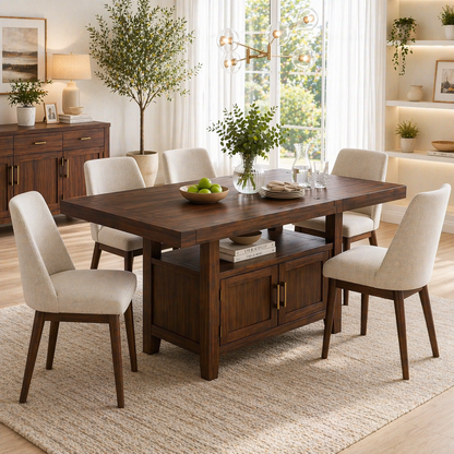 Solid Wood Dining Table with Storage Cabinet – Rustic Oak Dining Table, Kitchen Island Table with Shelves