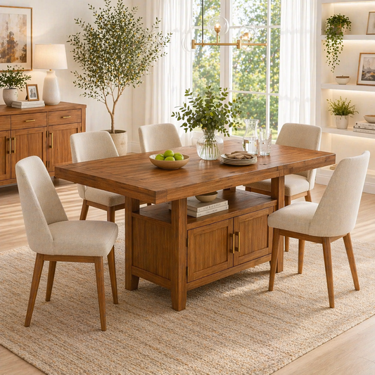 Solid Wood Dining Table with Storage Cabinet – Rustic Oak Dining Table, Kitchen Island Table with Shelves