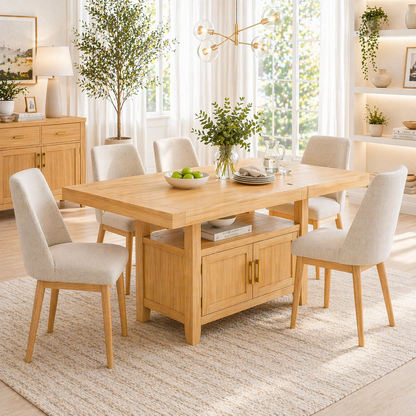 Solid Wood Dining Table with Storage Cabinet – Rustic Oak Dining Table, Kitchen Island Table with Shelves