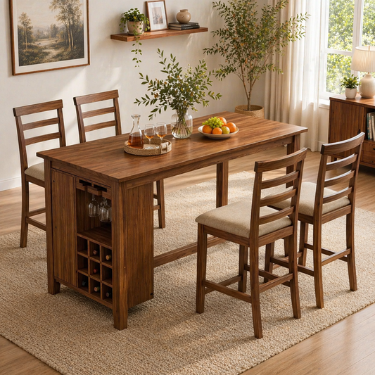 Solid Wood Dining Table with Wine Rack & Glass Holder – Rustic Walnut Dining Table, Kitchen Island Table with Storage