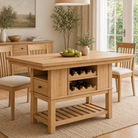 Solid Wood Kitchen Island with Wine Rack & Shelf – Dining Table with Storage, Modern Farmhouse Kitchen Island