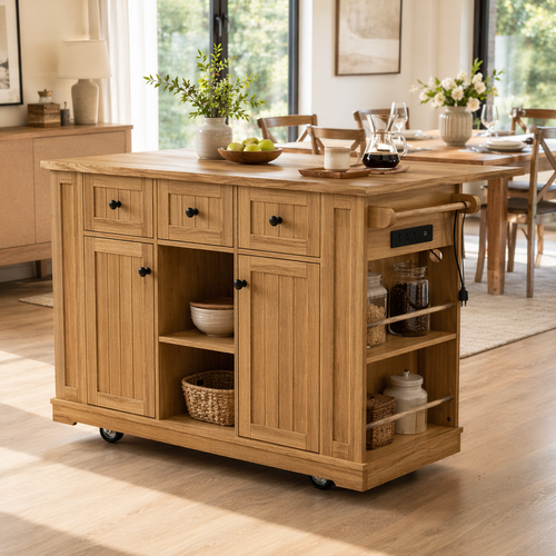 Solid Wood Kitchen Island with Storage & Power Outlet – Oak Rolling Kitchen Cart with Drawers, Cabinets & Shelves