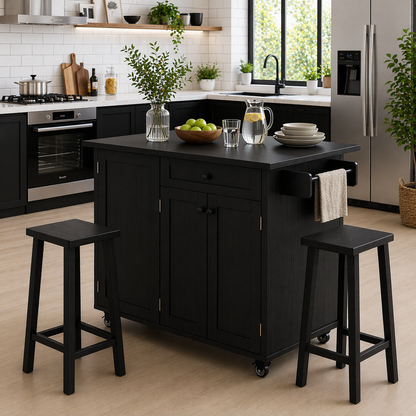Solid Wood Kitchen Island with Seating – Walnut Rolling Storage Table with Cabinet & Towel Bar