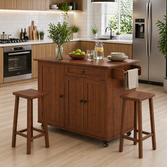 Solid Wood Kitchen Island with Seating – Walnut Rolling Storage Table with Cabinet & Towel Bar