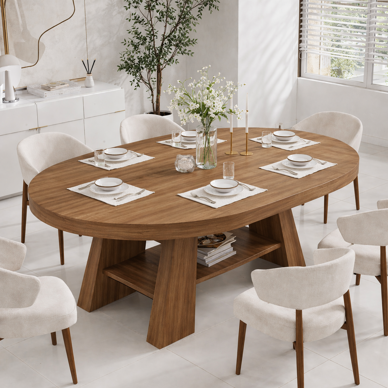Oval Live Edge Solid Wood Dining Table – Dark Walnut Pedestal Table with Storage Shelf