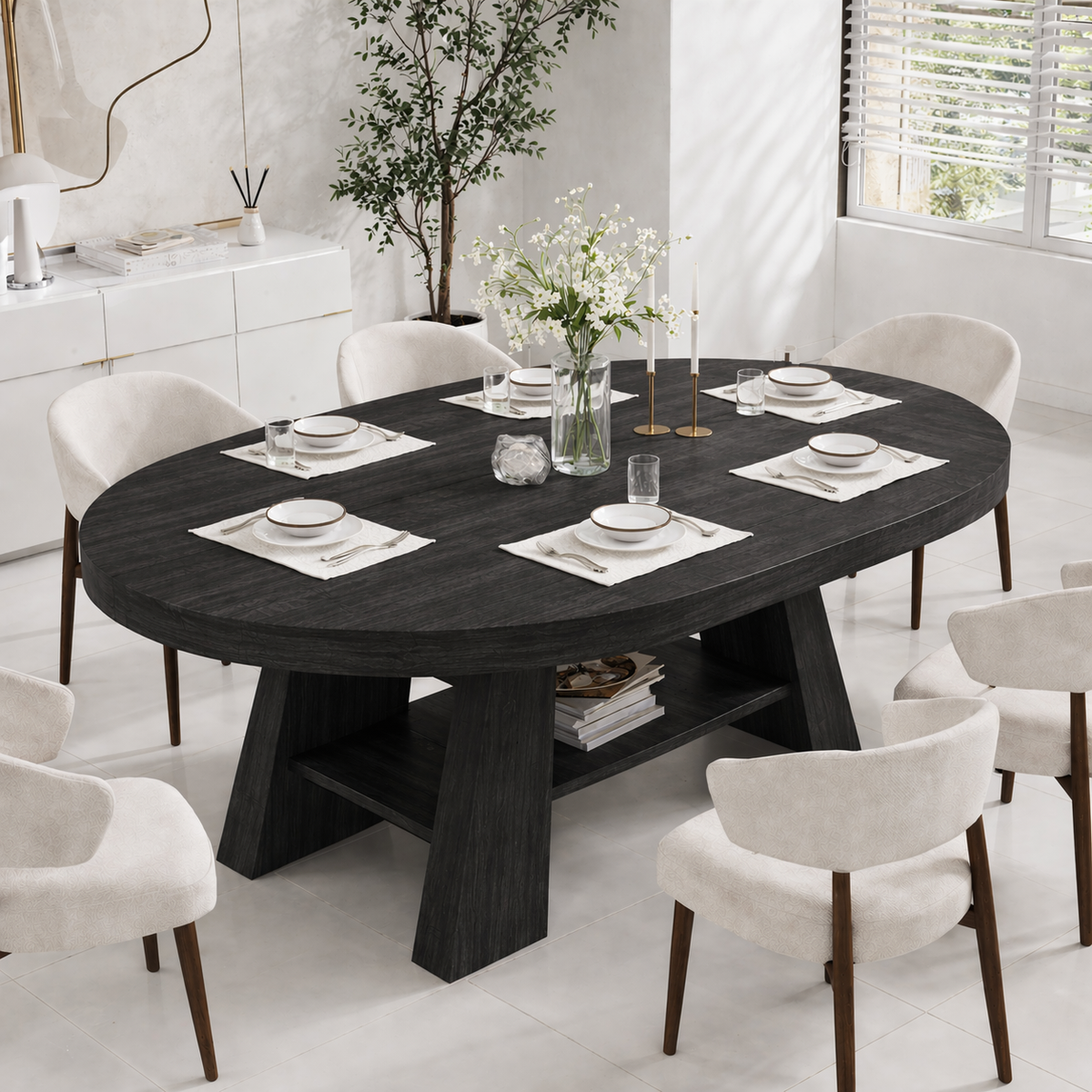 Oval Live Edge Solid Wood Dining Table – Dark Walnut Pedestal Table with Storage Shelf
