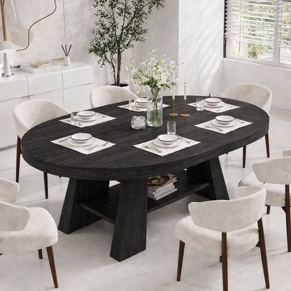 Oval Live Edge Solid Wood Dining Table – Dark Walnut Pedestal Table with Storage Shelf