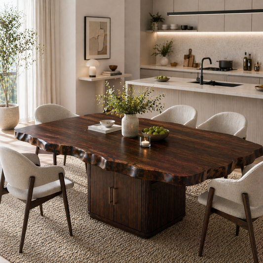 Live Edge Solid Wood Dining Table – Rustic Walnut Slab Table with Sculptural Base