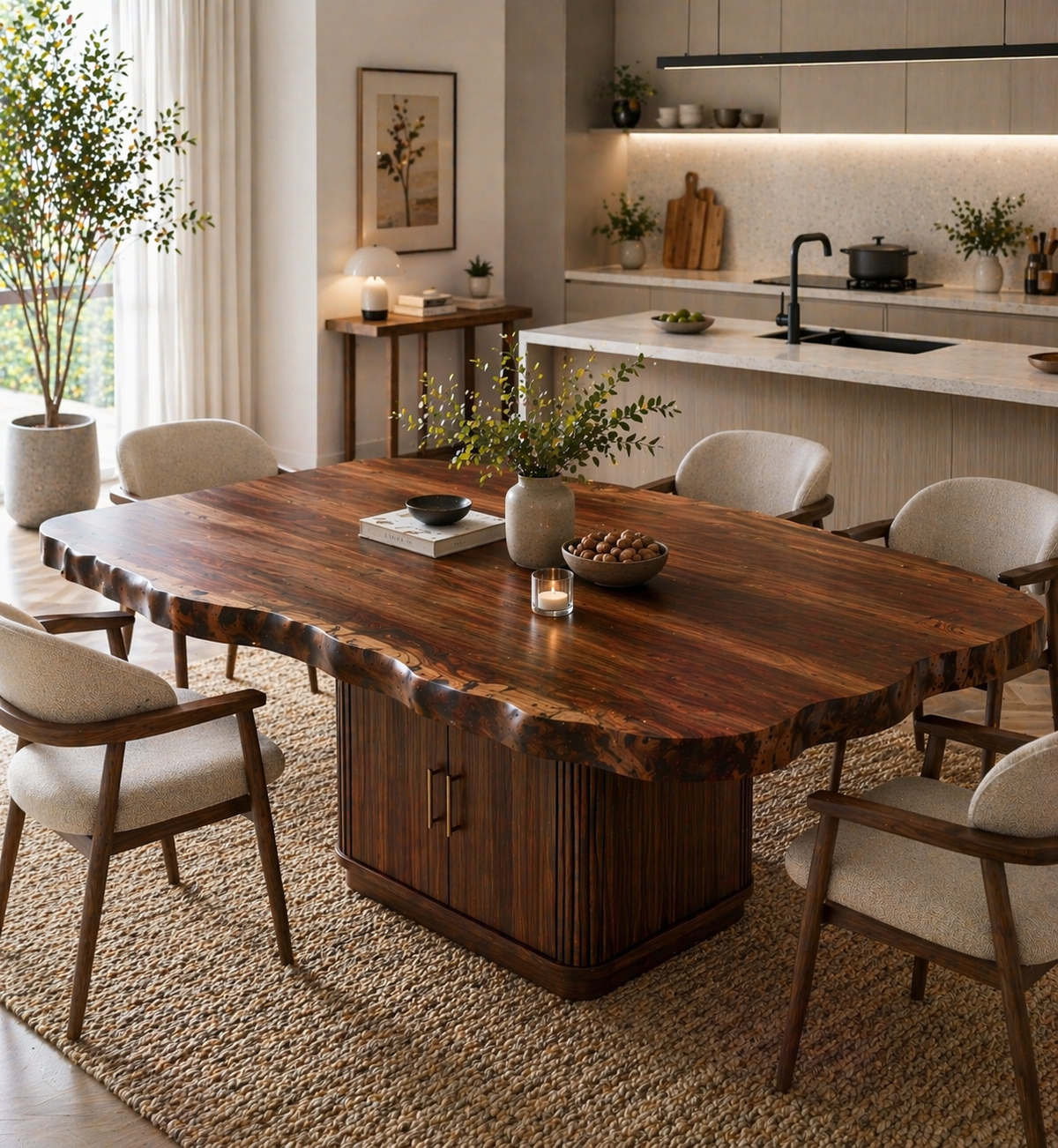Live Edge Solid Wood Dining Table – Rustic Walnut Slab Table with Sculptural Base