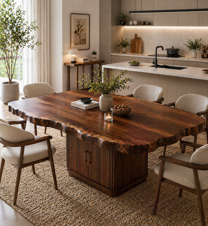 Live Edge Solid Wood Dining Table – Rustic Walnut Slab Table with Sculptural Base