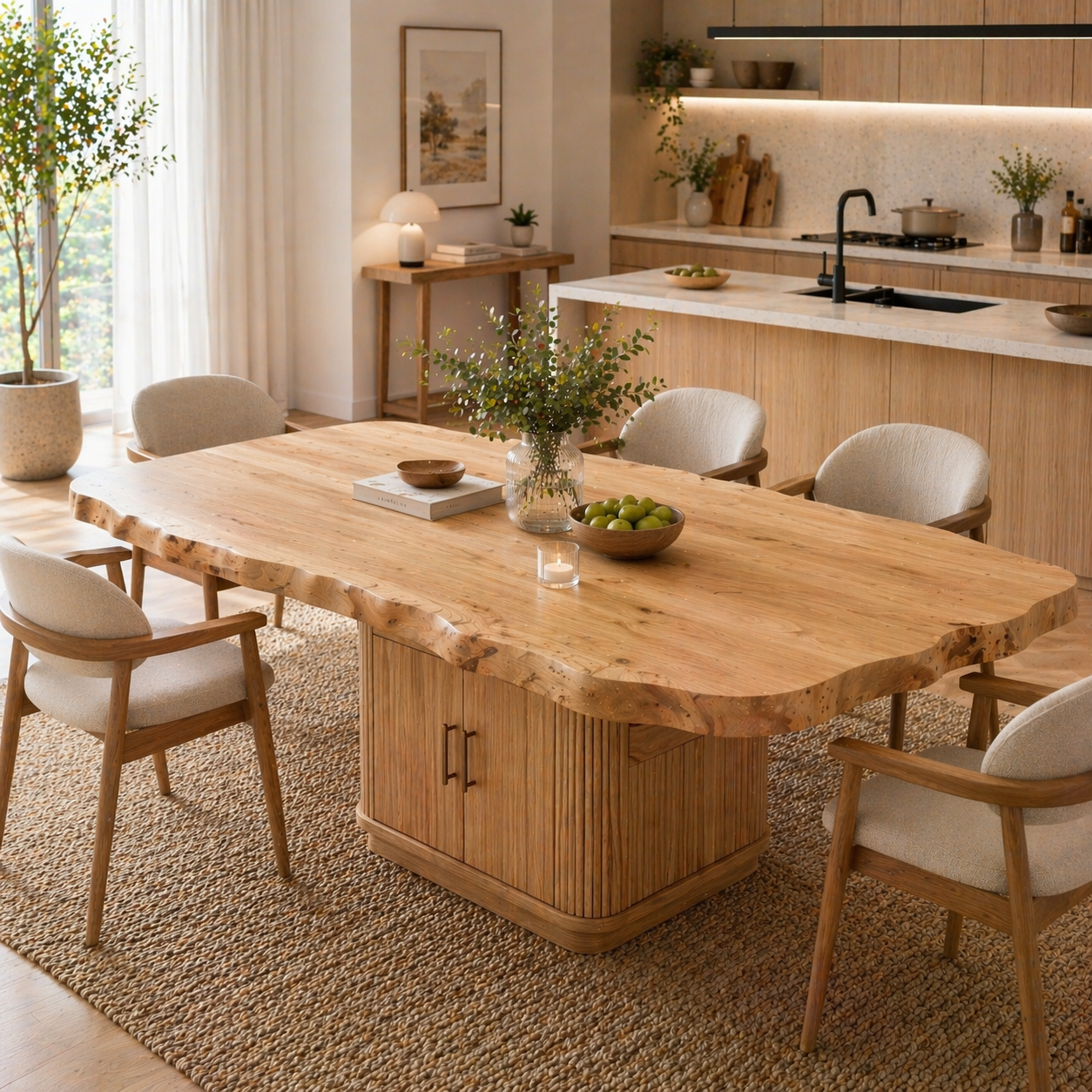 Live Edge Solid Wood Dining Table – Rustic Walnut Slab Table with Sculptural Base