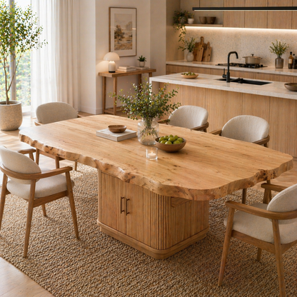 Live Edge Solid Wood Dining Table – Rustic Walnut Slab Table with Sculptural Base