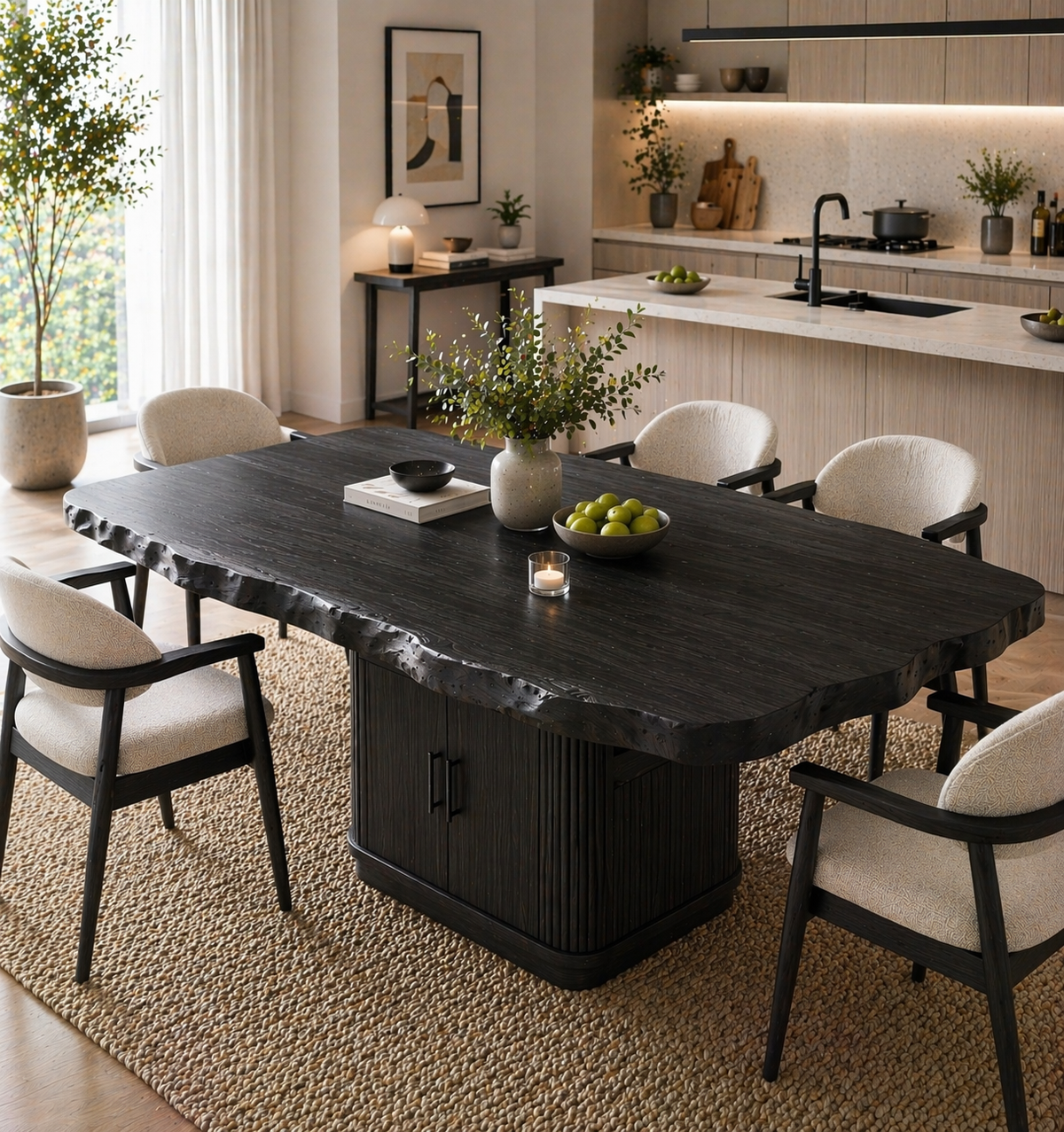 Live Edge Solid Wood Dining Table – Rustic Walnut Slab Table with Sculptural Base