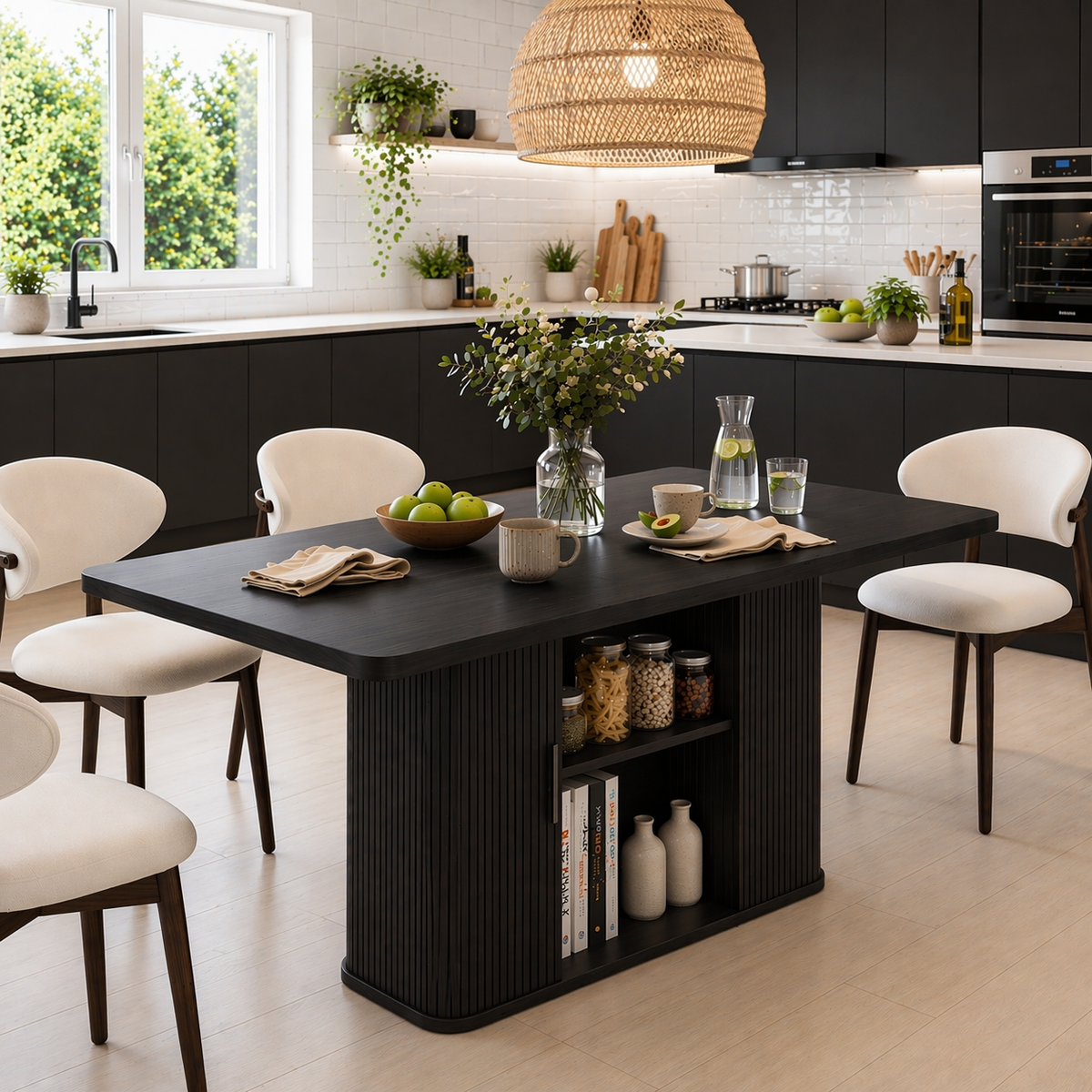 Solid Wood Dining Table with Storage – Walnut Kitchen Table with Fluted Base