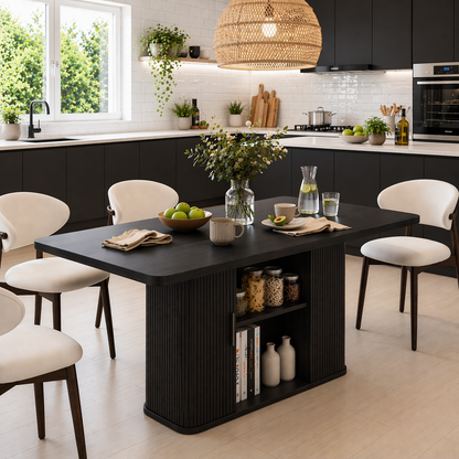 Solid Wood Dining Table with Storage – Walnut Kitchen Table with Fluted Base
