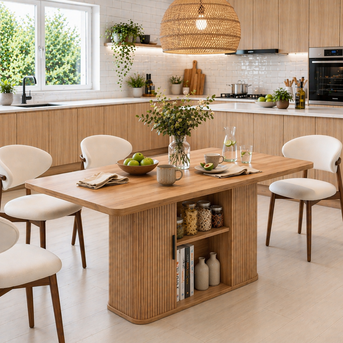 Solid Wood Dining Table with Storage – Walnut Kitchen Table with Fluted Base