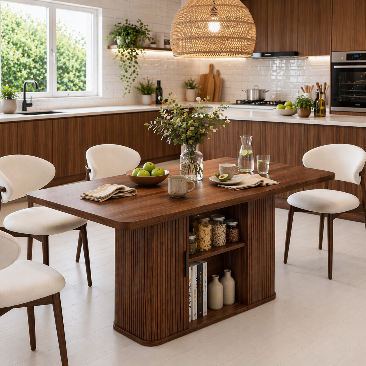 Solid Wood Dining Table with Storage – Walnut Kitchen Table with Fluted Base