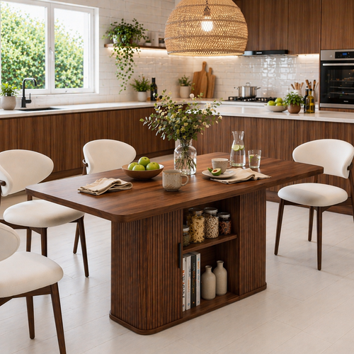 Solid Wood Dining Table with Storage – Walnut Kitchen Table with Fluted Base