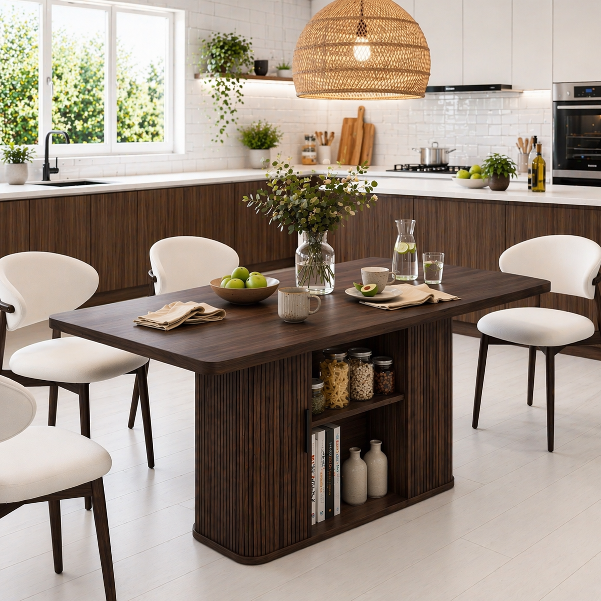 Solid Wood Dining Table with Storage – Walnut Kitchen Table with Fluted Base