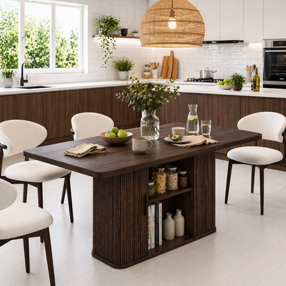 Solid Wood Dining Table with Storage – Walnut Kitchen Table with Fluted Base