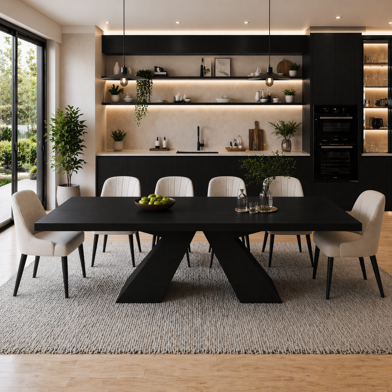 Solid Wood Dining Table with Sculptural X Base – Modern Walnut Rectangular Dining Table