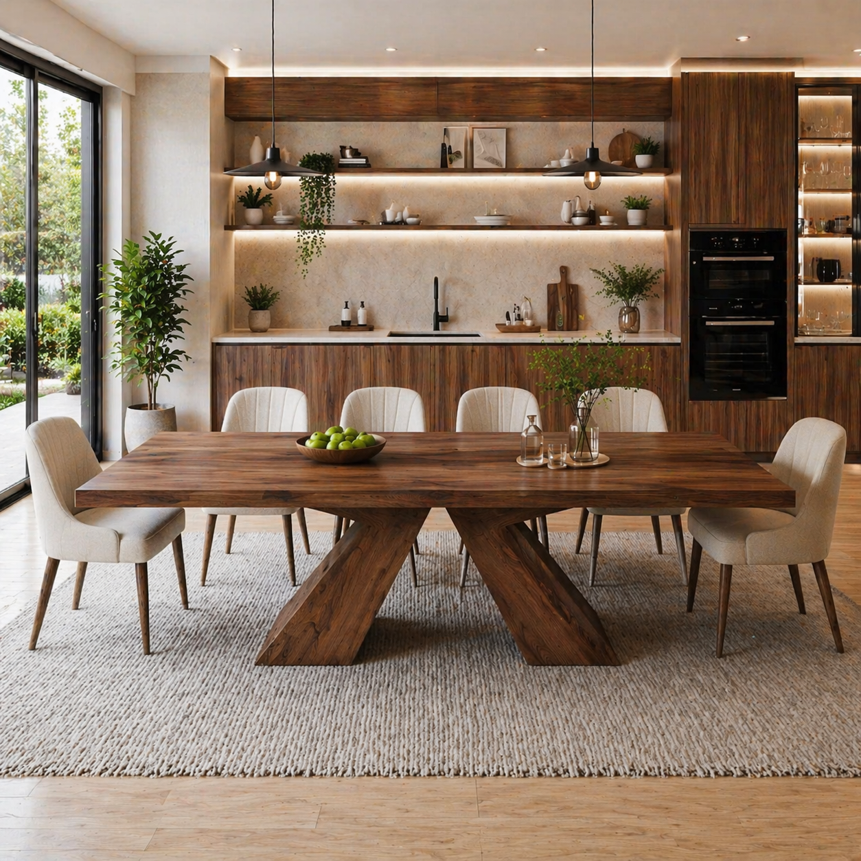 Solid Wood Dining Table with Sculptural X Base – Modern Walnut Rectangular Dining Table