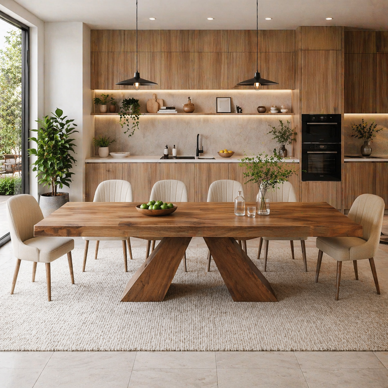 Solid Wood Dining Table with Sculptural X Base – Modern Walnut Rectangular Dining Table
