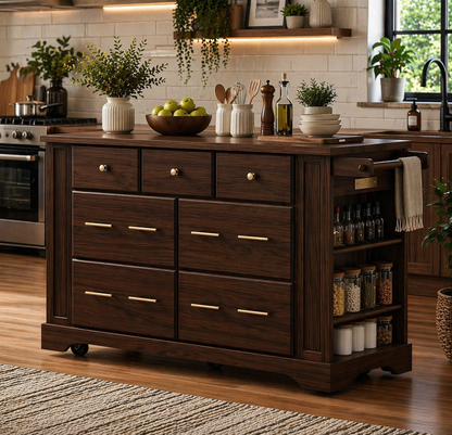 Solid Wood Kitchen Island with Drawers & Side Storage – Rolling Walnut Kitchen Cart with Spice Rack